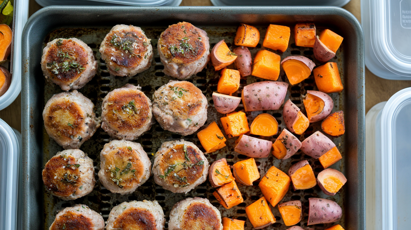 Golden air-fried turkey meatballs arranged in meal prep containers alongside orange sweet potato cubes and bright green broccoli