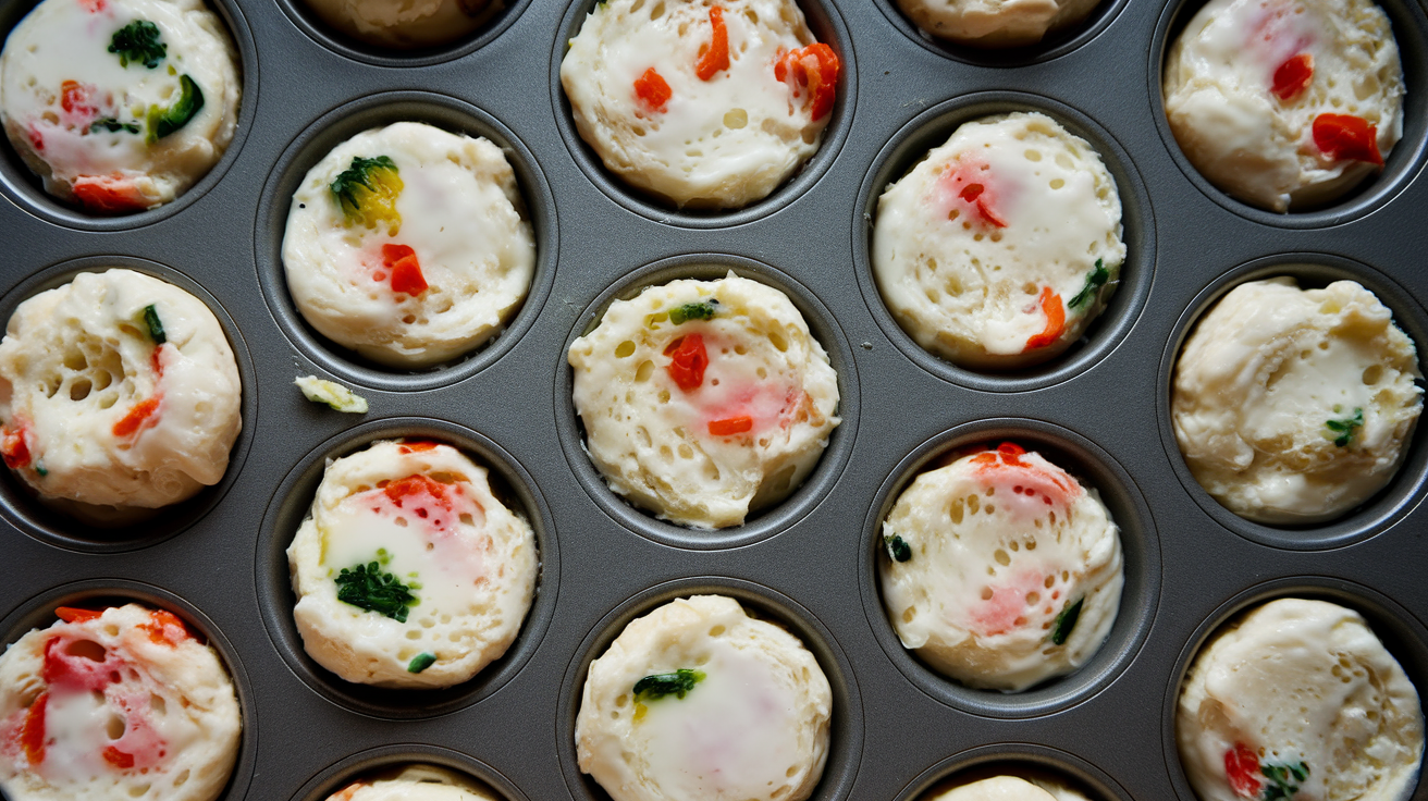 Fluffy white egg white bites in a muffin tin with visible flecks of red pepper and spinach, light and airy texture