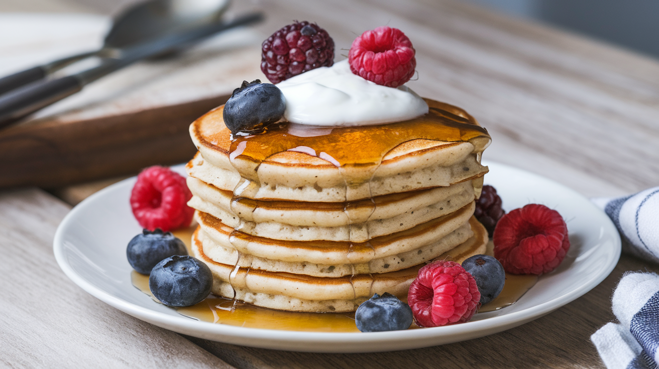 Stack of fluffy golden protein pancakes topped with fresh blueberries, a dollop of Greek yogurt, and a drizzle of maple syrup