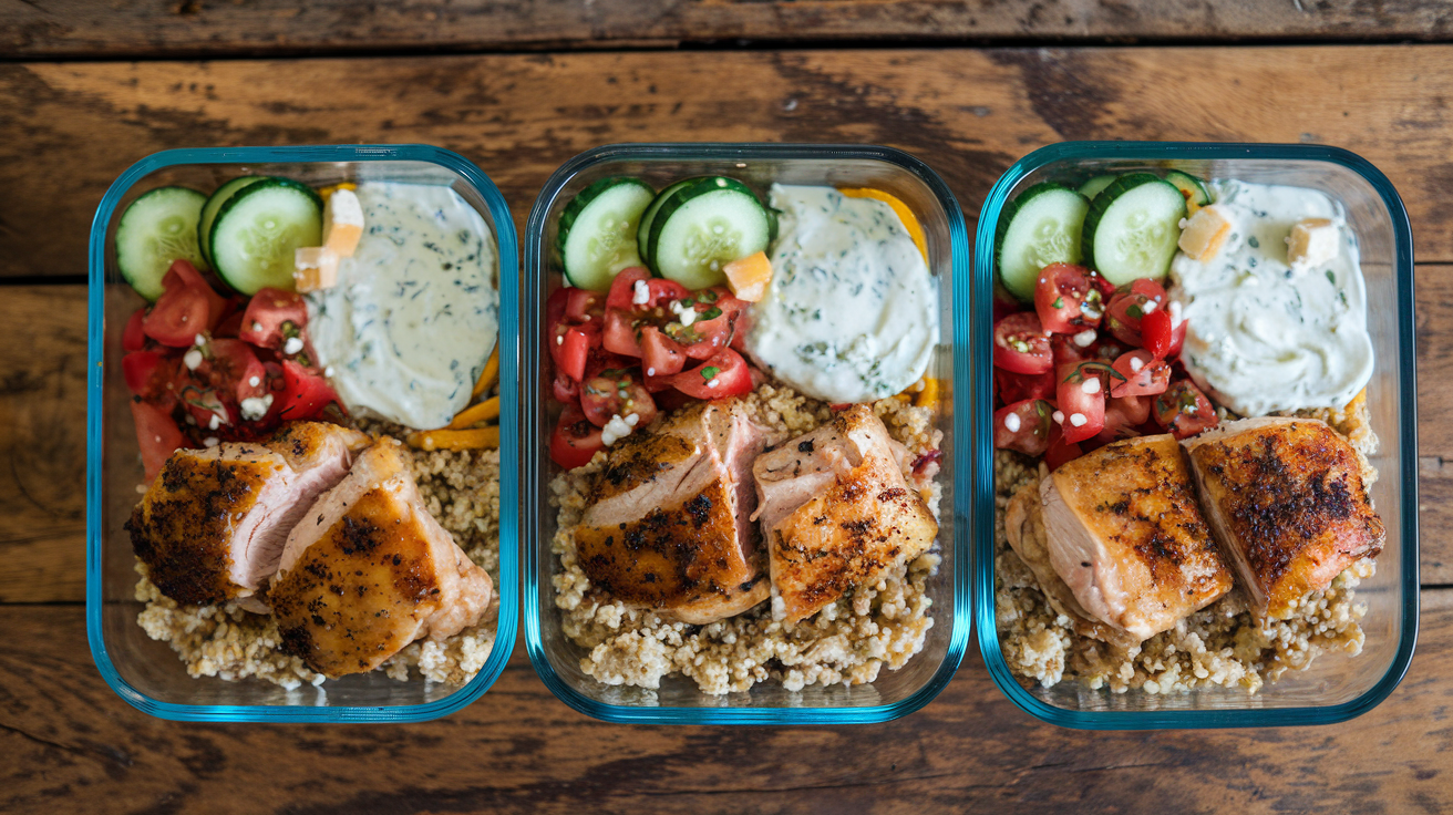 Five glass meal prep containers with Greek chicken bowls featuring golden chicken slices, fluffy quinoa, cucumber tomato salad, and white tzatziki sauce