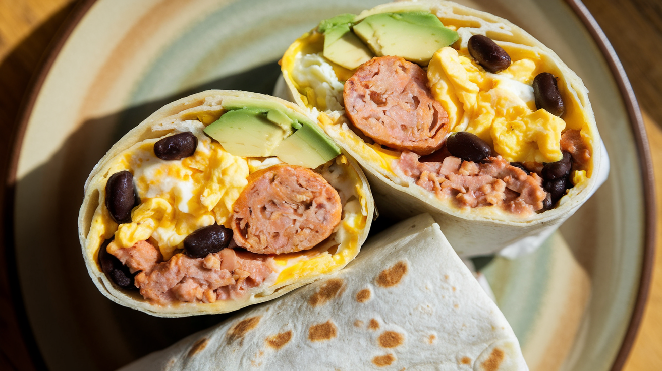 Two large breakfast burritos cut in half showing scrambled eggs, browned chicken sausage, black beans, and melted cheese