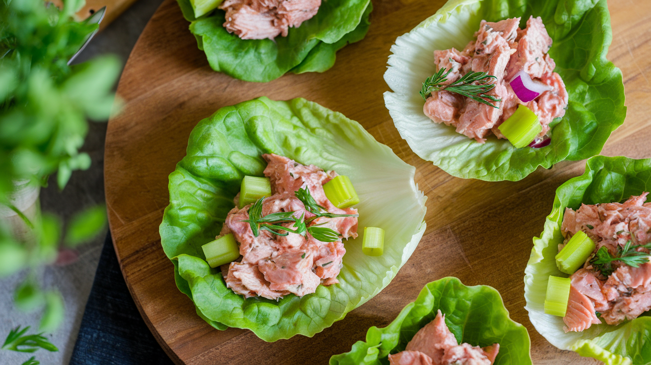 Fresh butter lettuce cups filled with creamy tuna salad, garnished with dill, cherry tomatoes, and avocado slices