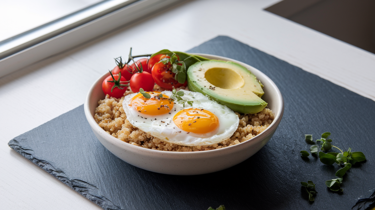 Savory breakfast quinoa bowl with two sunny-side-up eggs, crumbled turkey bacon, wilted spinach, and feta cheese