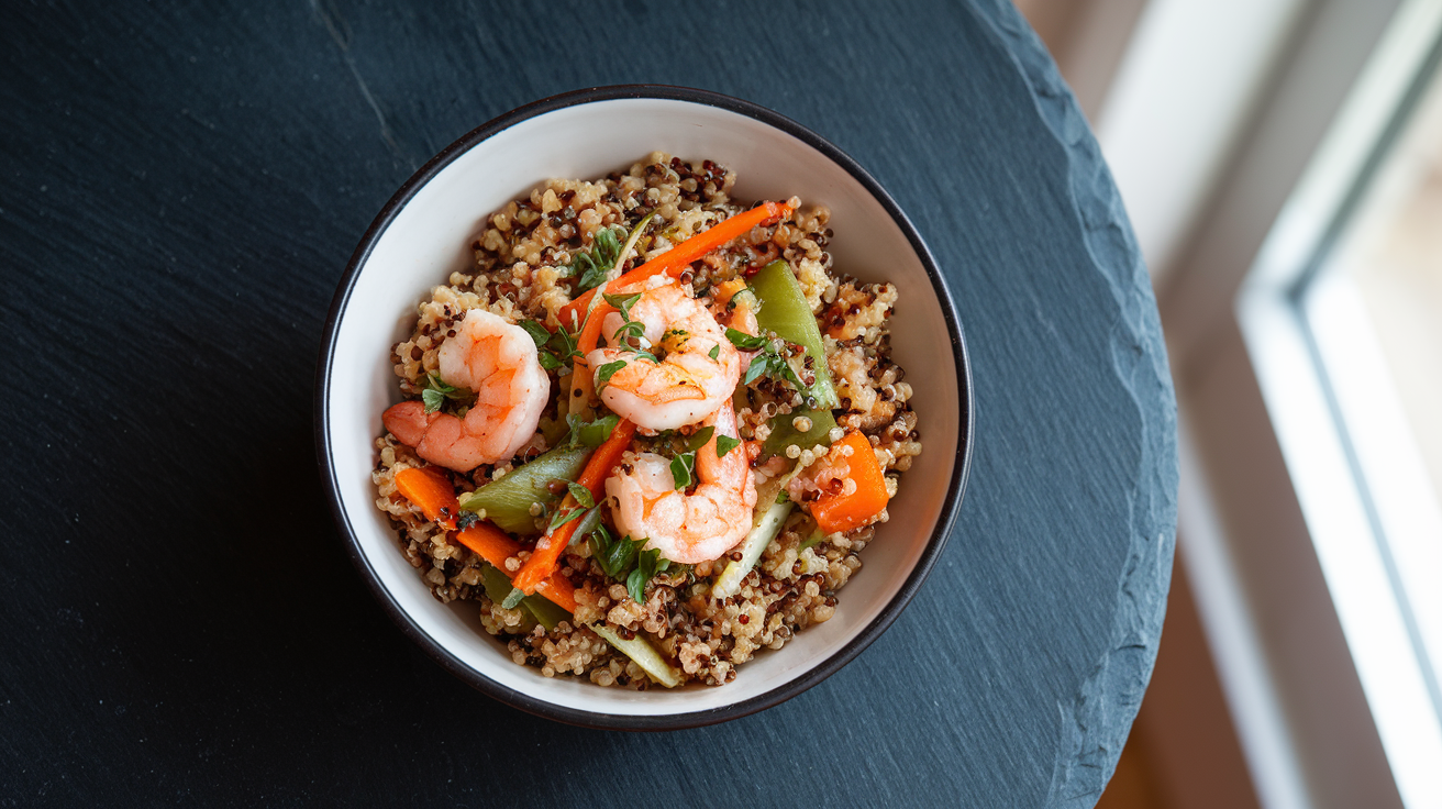 Garlic butter shrimp stir-fry with colorful vegetables served over fluffy quinoa, garnished with fresh cilantro and lime wedges