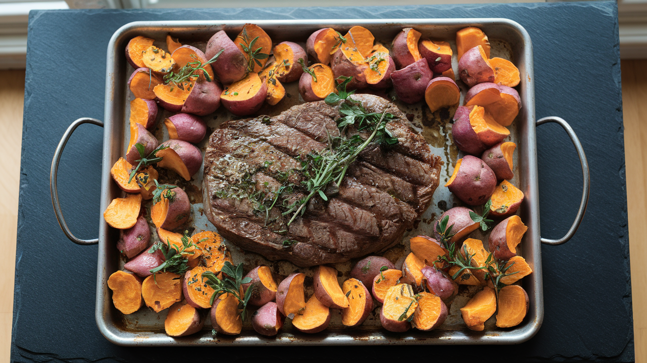Sheet pan with sliced flank steak, roasted sweet potato wedges, and charred broccolini, drizzled with green chimichurri sauce