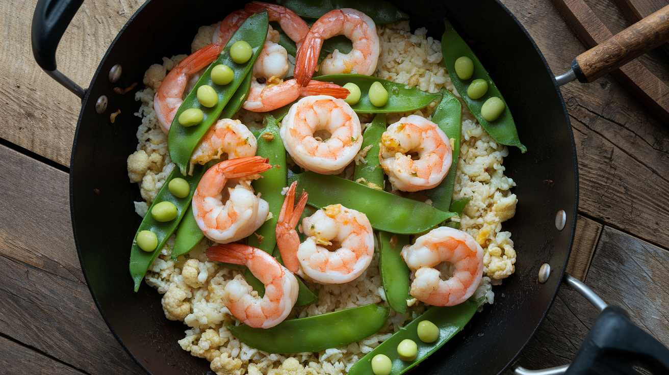 Sizzling shrimp stir fry with colorful snap peas, red bell pepper, and cauliflower rice in a wok, garnished with sesame seeds