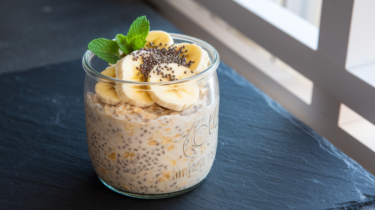 Mason jar filled with creamy overnight oats topped with sliced banana, chopped walnuts, and fresh berries