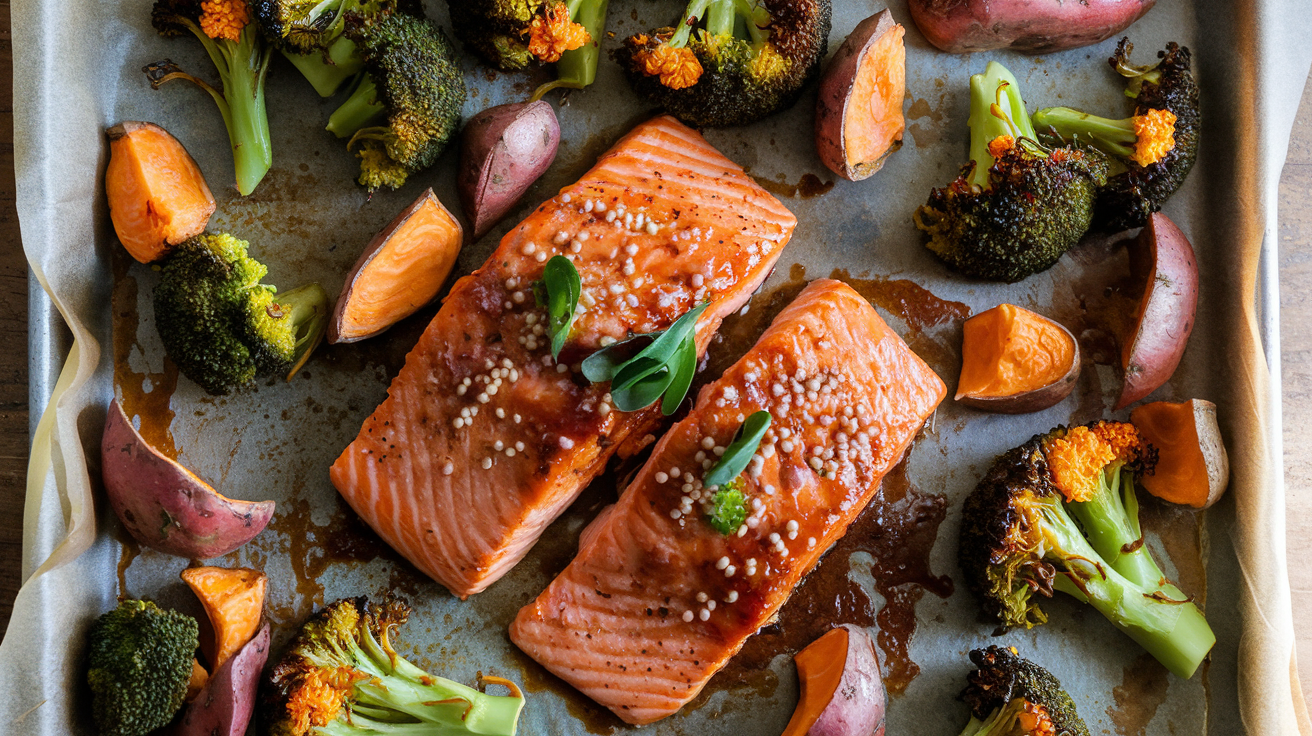 Sheet pan with glazed teriyaki salmon fillets surrounded by roasted broccoli and cubed sweet potatoes with sesame seeds