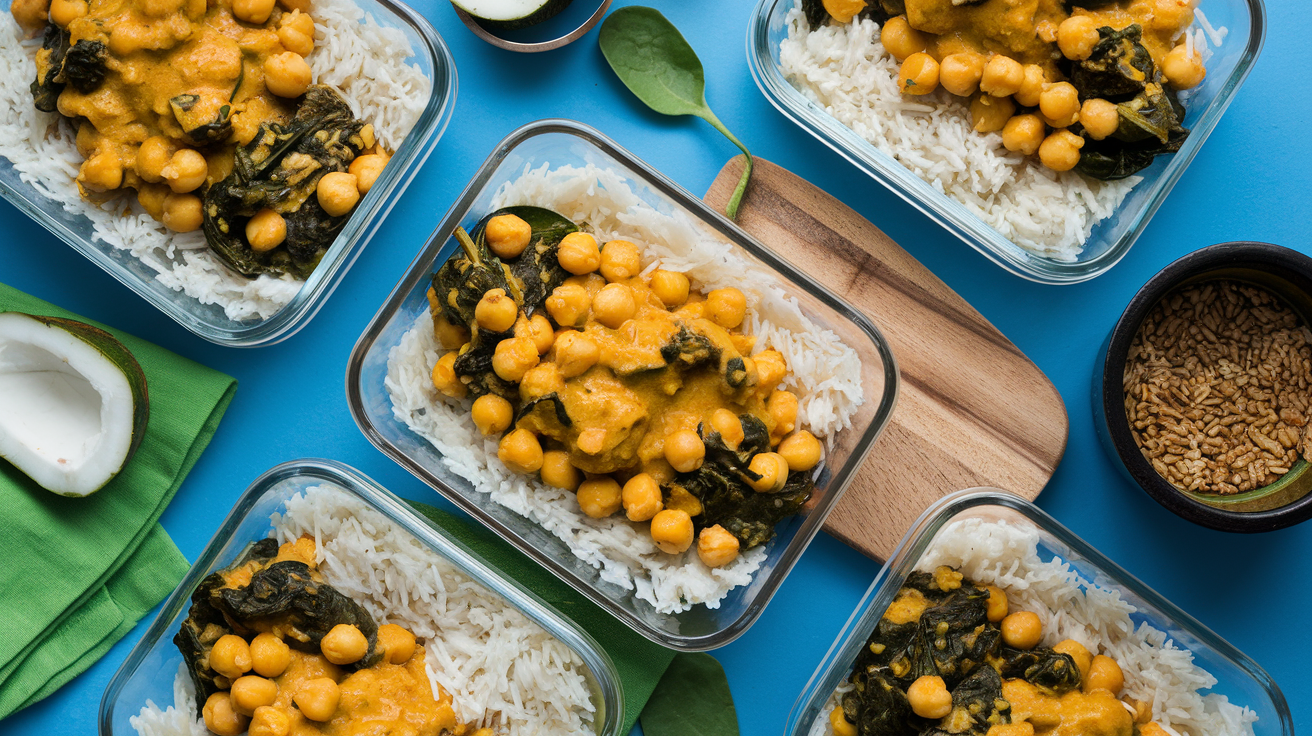 Creamy golden chickpea curry with wilted spinach served over fluffy white basmati rice in meal prep containers