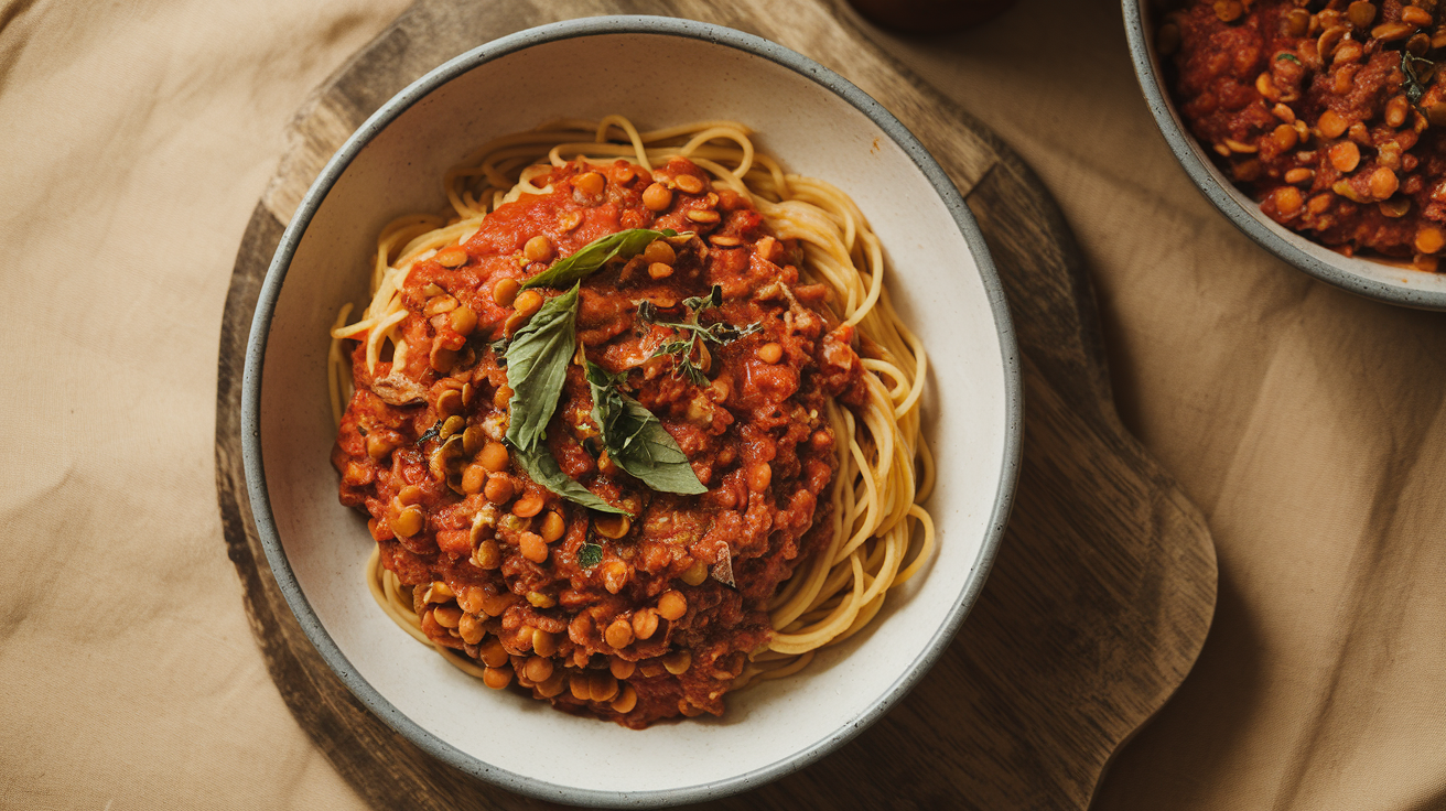A hearty bowl of vegan lentil bolognese over whole wheat penne pasta, topped with fresh basil and a sprinkle of nutritional yeast