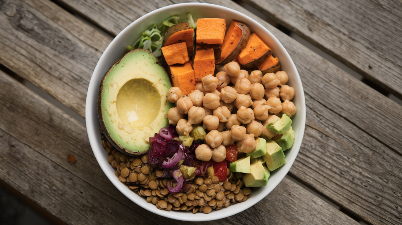 Vibrant vegan power bowl with seasoned green lentils, roasted sweet potato cubes, chickpeas, baby spinach, avocado, and creamy tahini drizzle